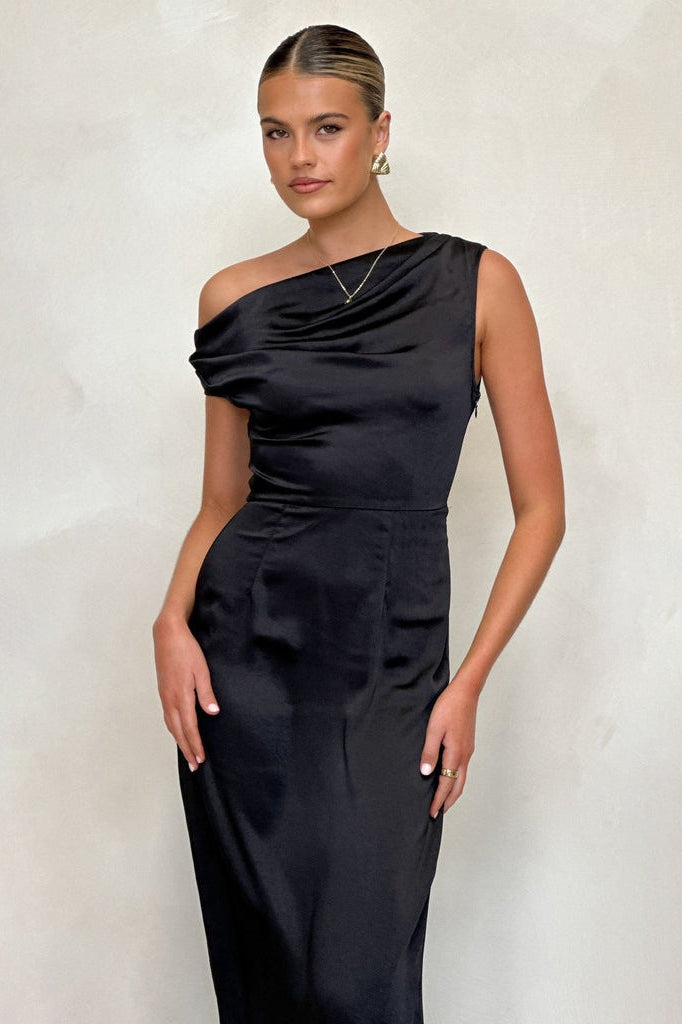 Satin One Shoulder Draped Column Maxi Dress - View 7