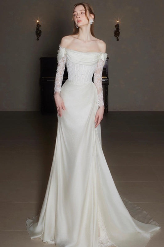 Satin Off Shoulder Long Sleeve Corset Mermaid Prom Dress