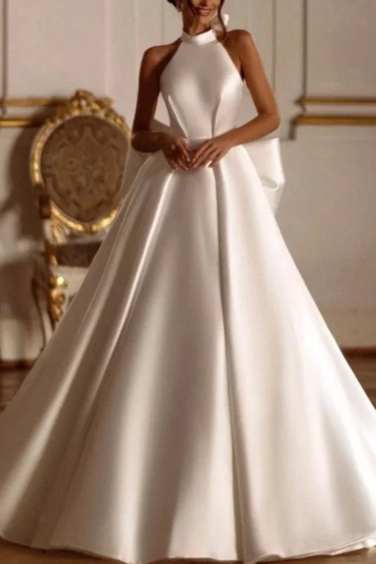 Halter Neck Oversized Bow Back Satin Ball Gown 2