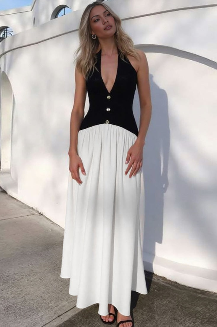 Halter Deep V-Neck Heart Button Pleated Skirt Maxi Gown - View 6