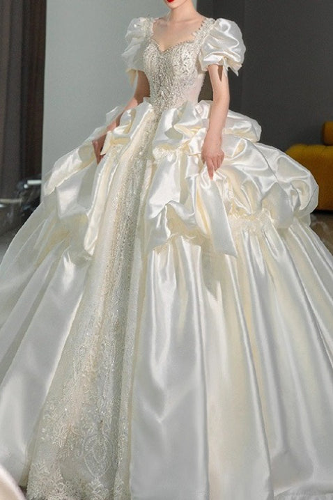 Sweetheart Beaded Puff Sleeve Pick Up Ruffle Ball Gown