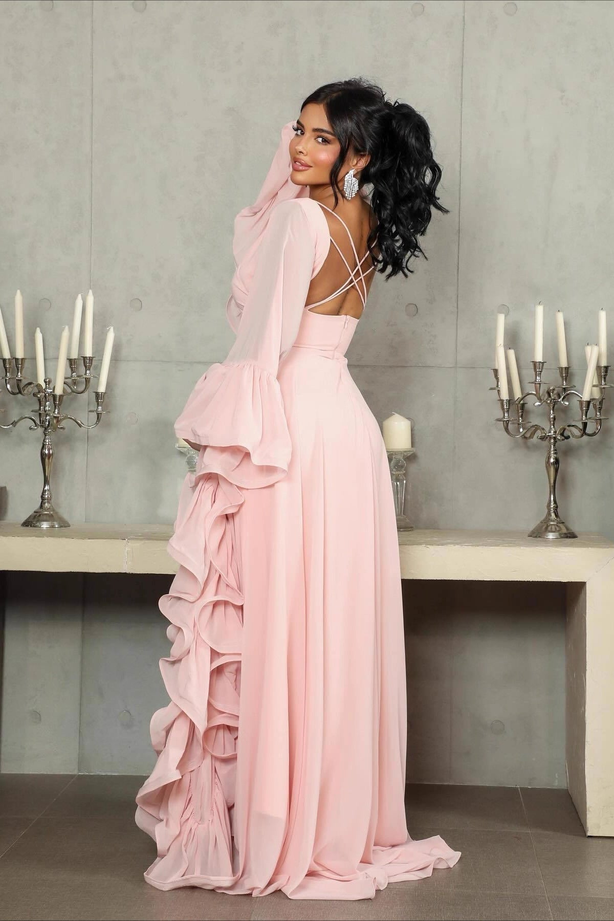 Boat Neck Ruffle Sleeve Chiffon Flowy A-Line Maxi Dress 3