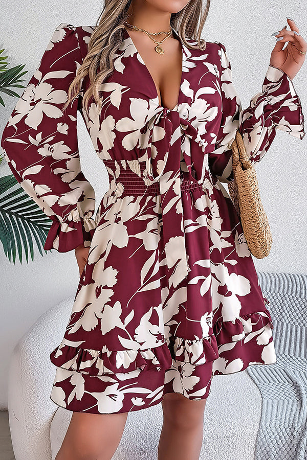 Floral Print V-Neck Tie Front Long Sleeve Ruffle Hem Mini Dress - View 15