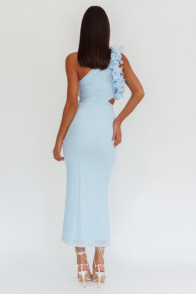 One Shoulder 3D Floral Cut Out Ruched Bodycon Maxi Dress - View 11