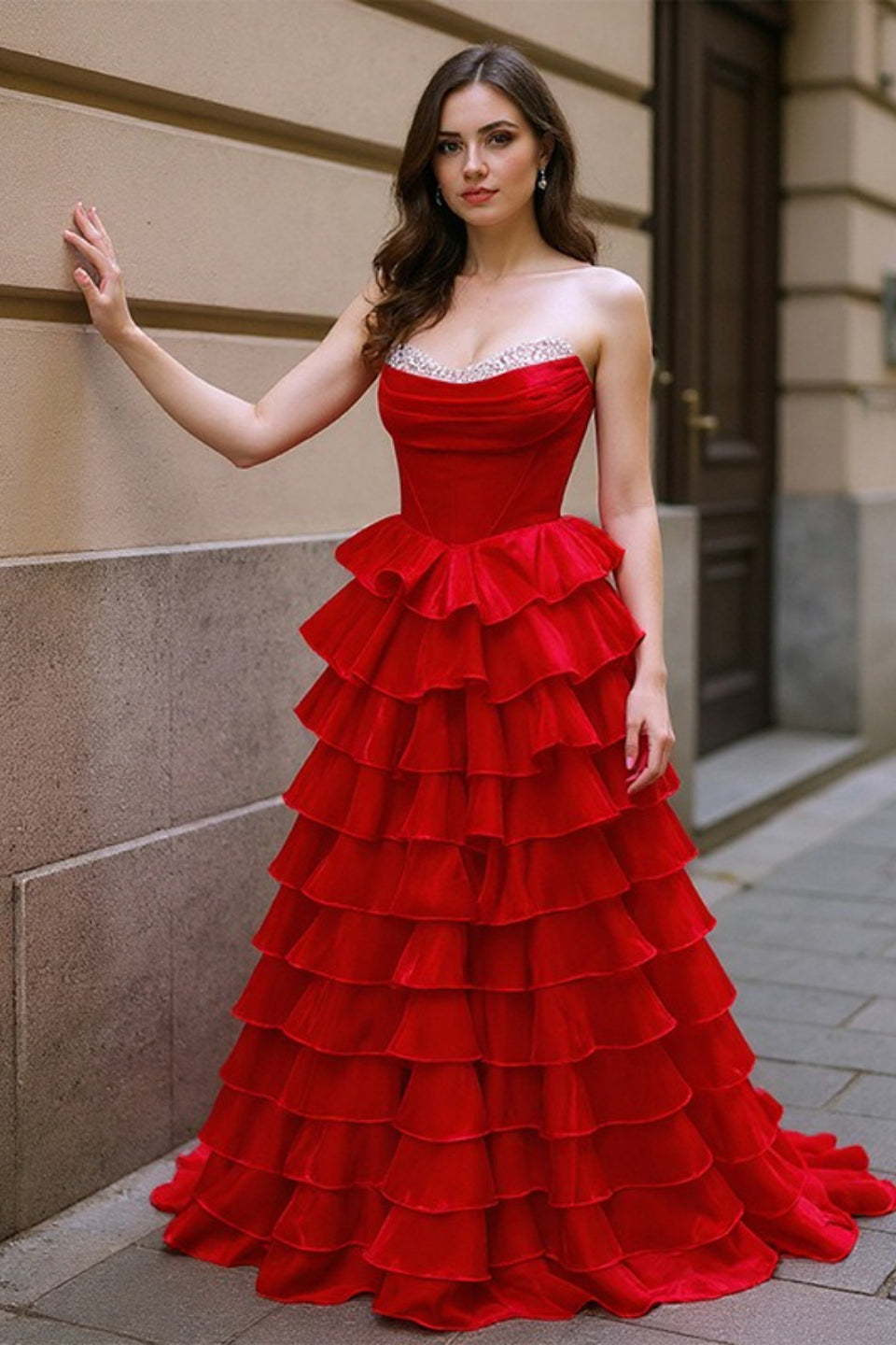Strapless Sweetheart Crystal Beaded Corset Tiered Ruffle Ball Gown - View 3