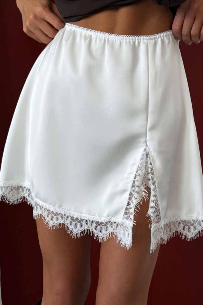 Lace Satin Pleated Denim Mini Skort