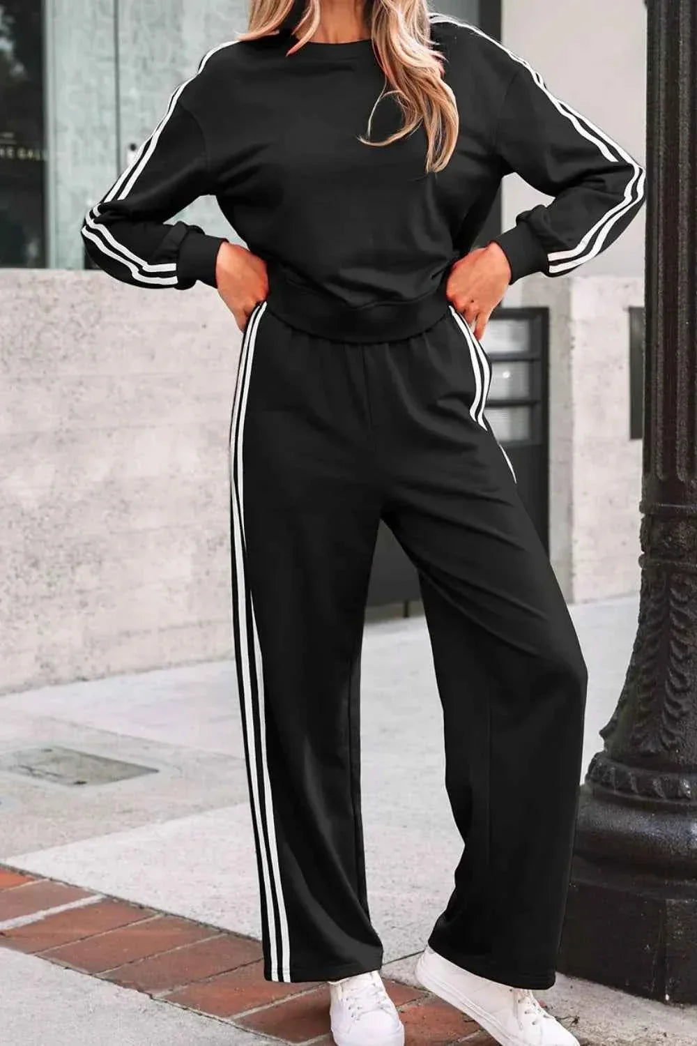 Striped Detail Crewneck Pullover Elastic Sweatpants