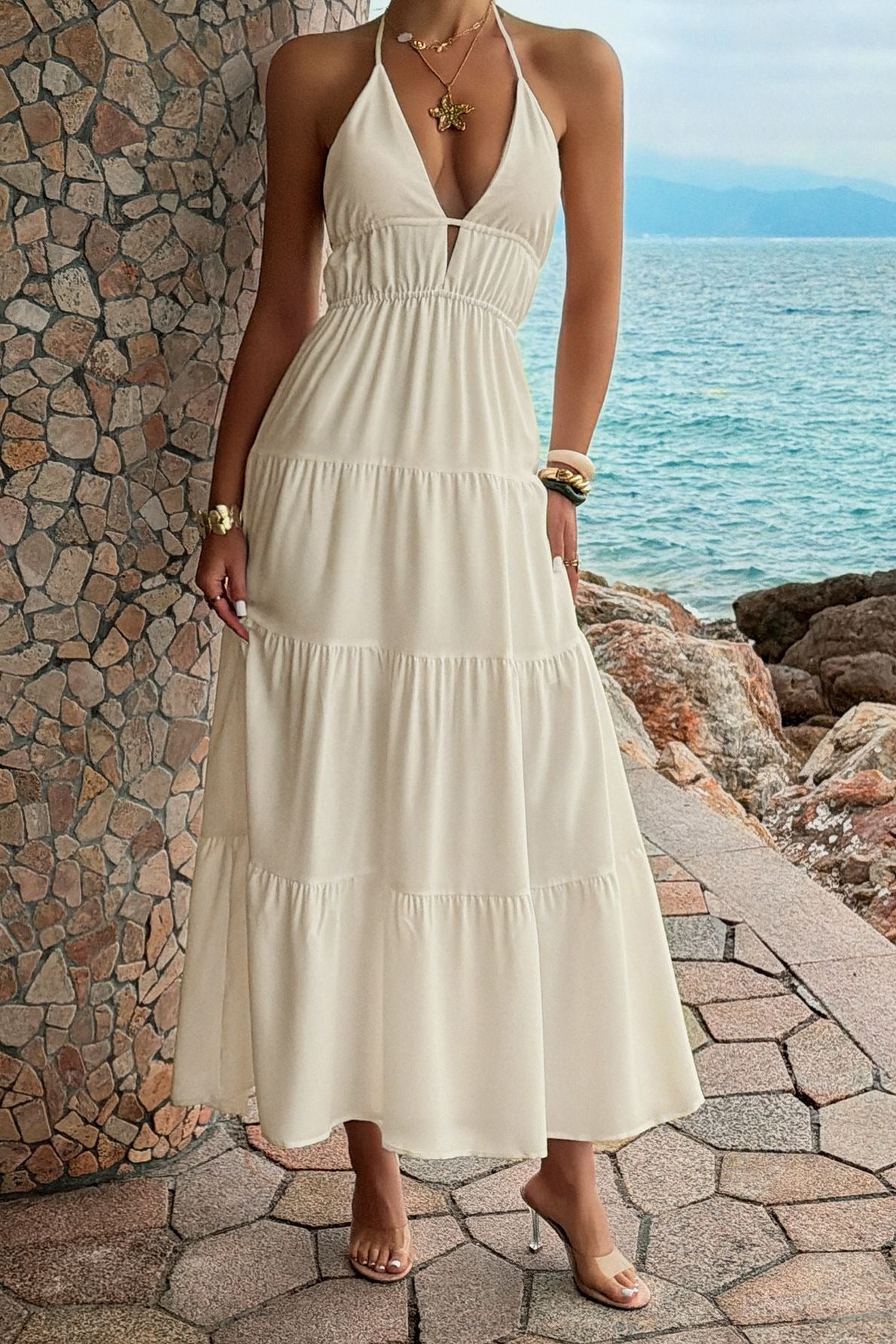 Halter Neck Deep V-Neck Backless Tiered Maxi Dress 6