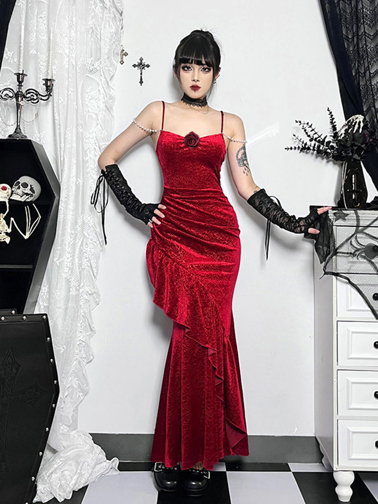 Velvet Spaghetti Strap 3D Rose Ruched Mermaid Maxi Dress