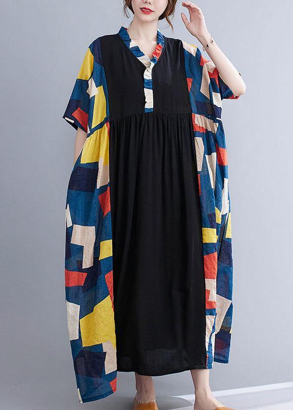 Colorblock Patchwork Ruffle Collar Button Front Maxi Dress - View 3