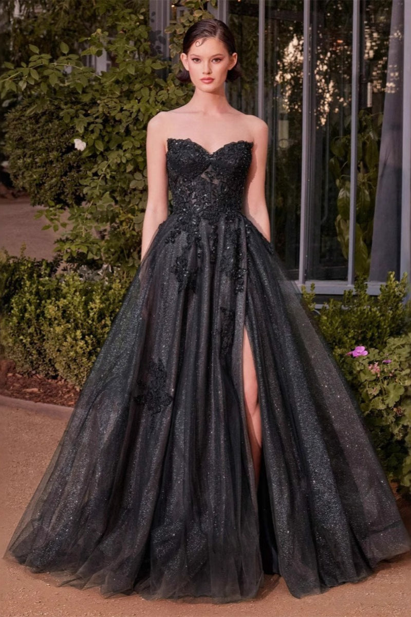 Strapless Sweetheart Lace Corset Glitter Tulle High Split Ball Gown