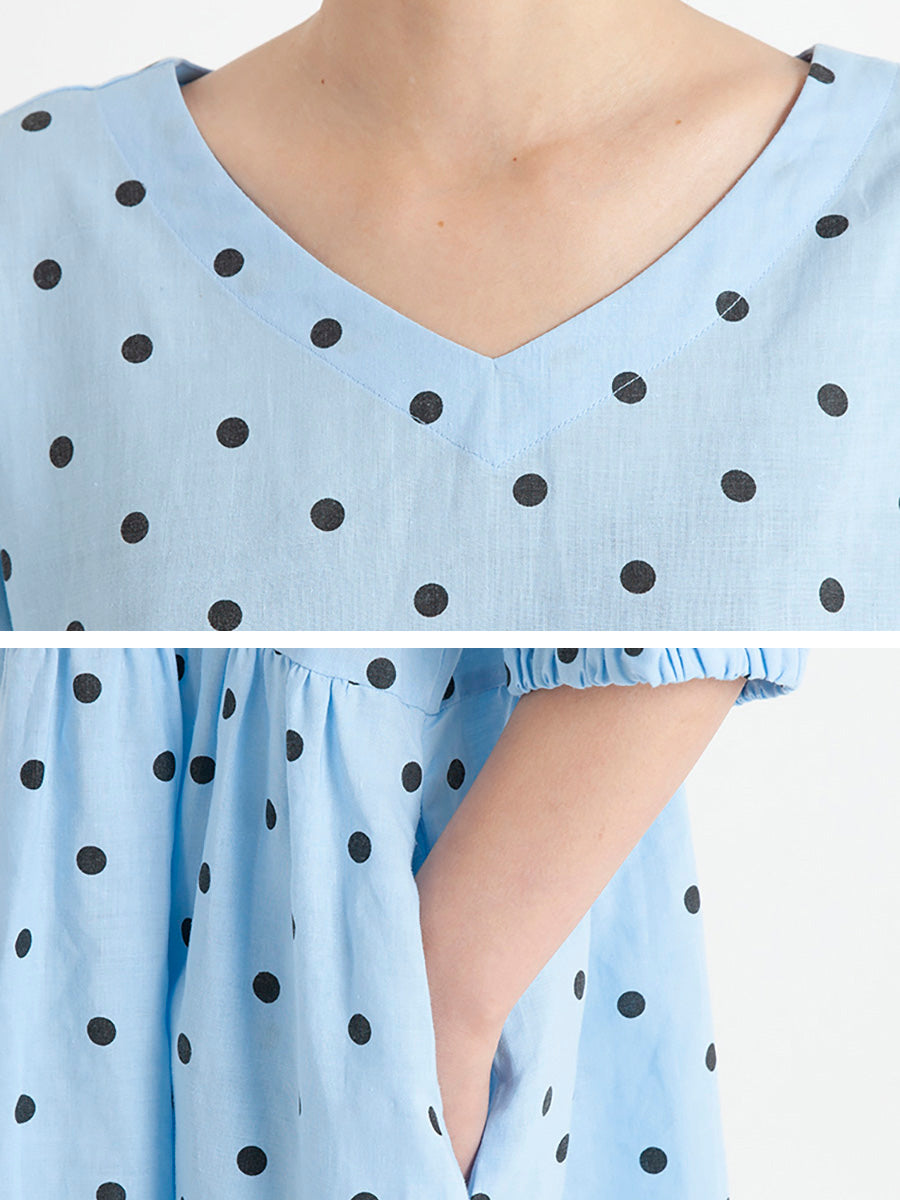 Polka Dot V-Neck Puff Sleeve Empire Waist Midi Dress - View 7