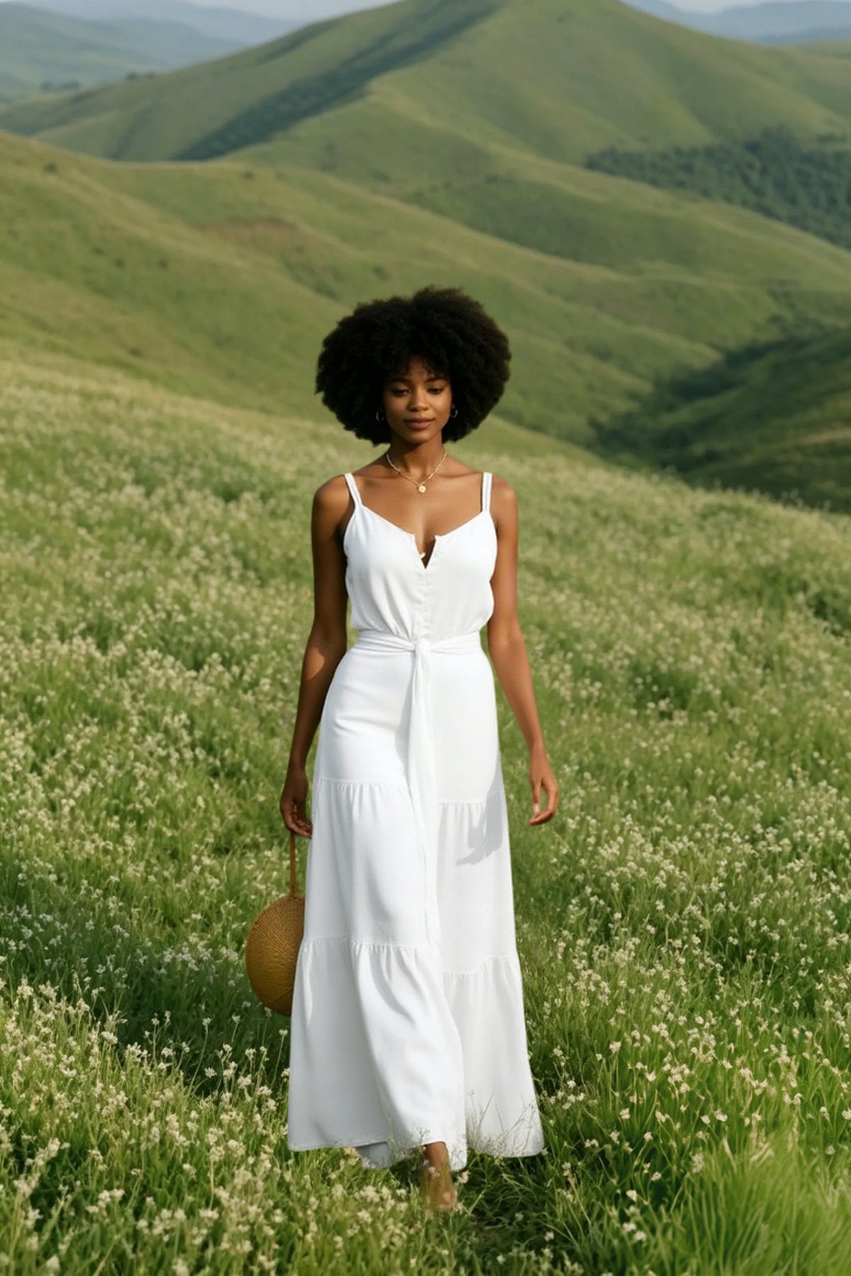 V Neck Tunic Ruffles Maxi Dress