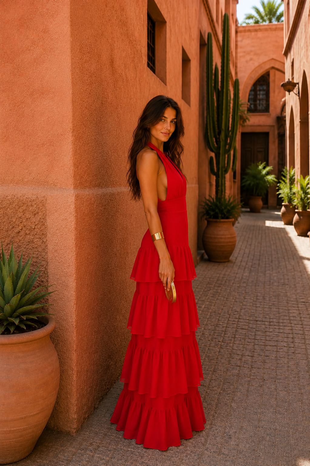 Halter Deep V-Neck Tiered Ruffle Maxi Dress 6