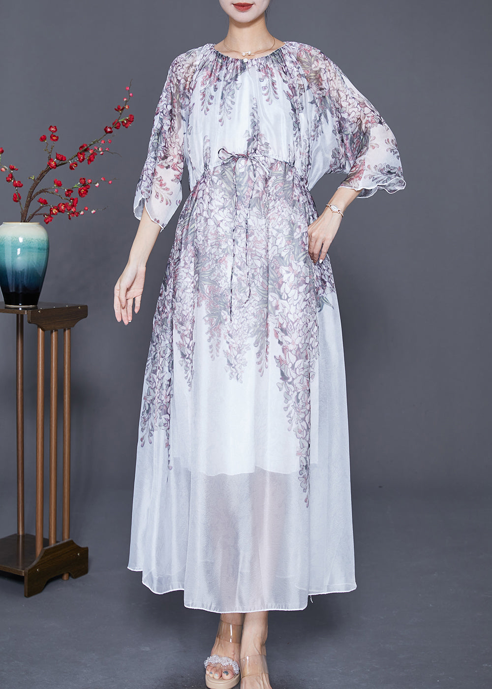 Wisteria Floral Print Sheer Chiffon Three Quarter Maxi Dress