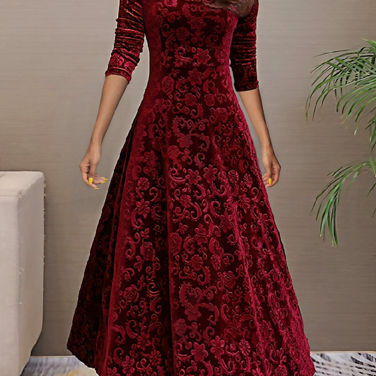 Floral Velvet V-Neck Long Sleeve Fit and Flare Midi Dress 10