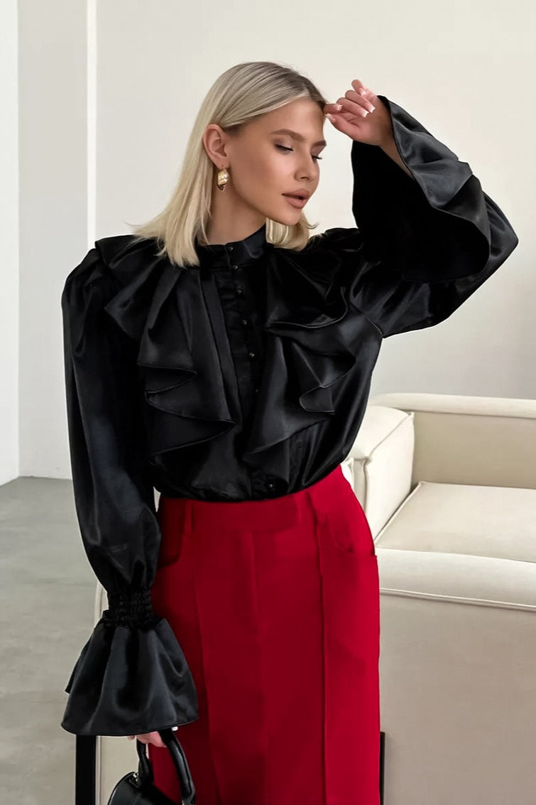Satin Flare Sleeve Button Blouse