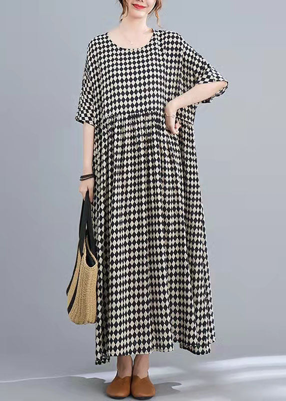 Diamond Print Round Neck Short Sleeve Empire Waist Maxi Dress - View 2