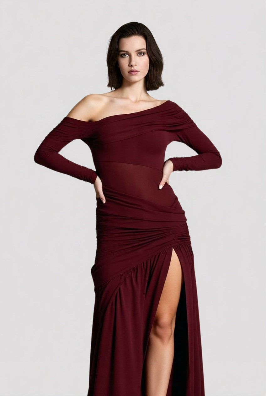Off Shoulder Long Sleeve Ruched Sheer Bodycon Maxi Dress - View 2