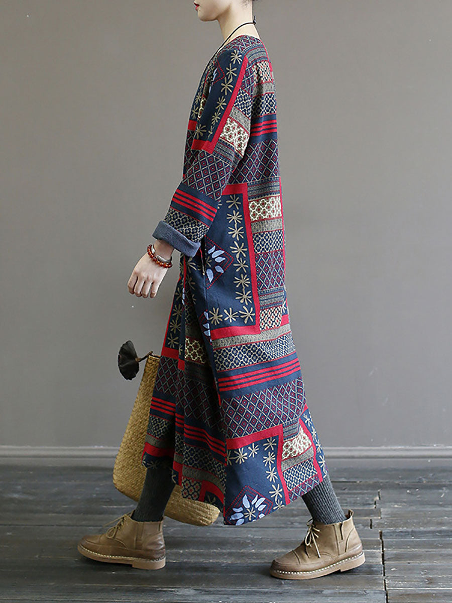 Folk Patchwork Print Long Sleeve Contrast Cuff Crew Neck Maxi Dress - View 5