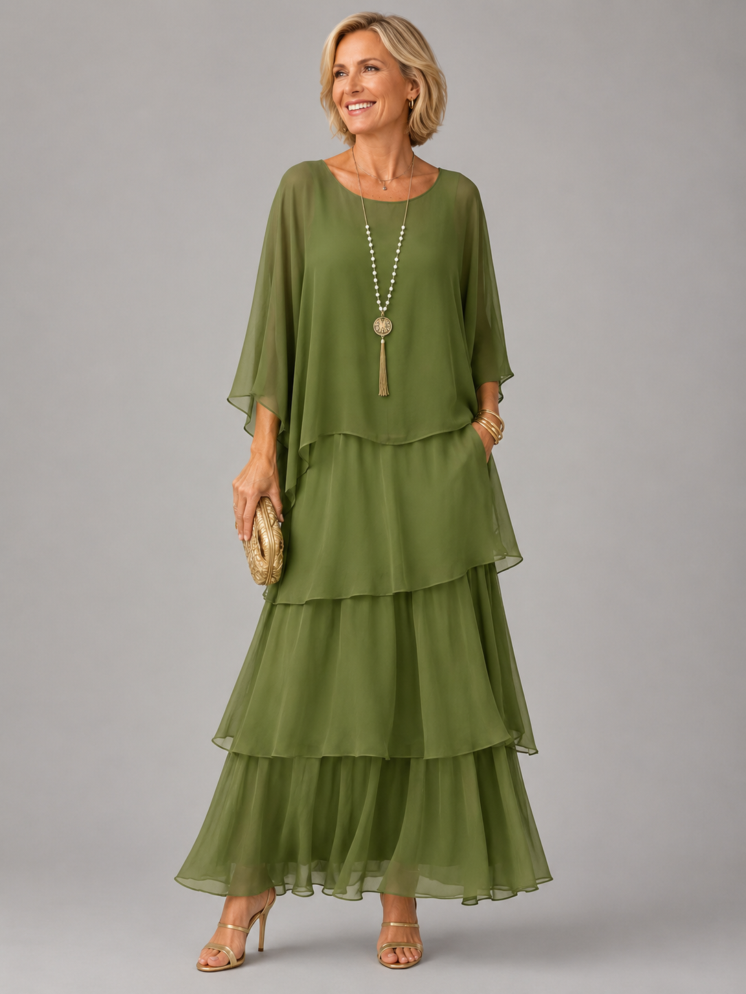 Chiffon Cape Overlay Top and Tiered Print Maxi Skirt Two Piece Set 2
