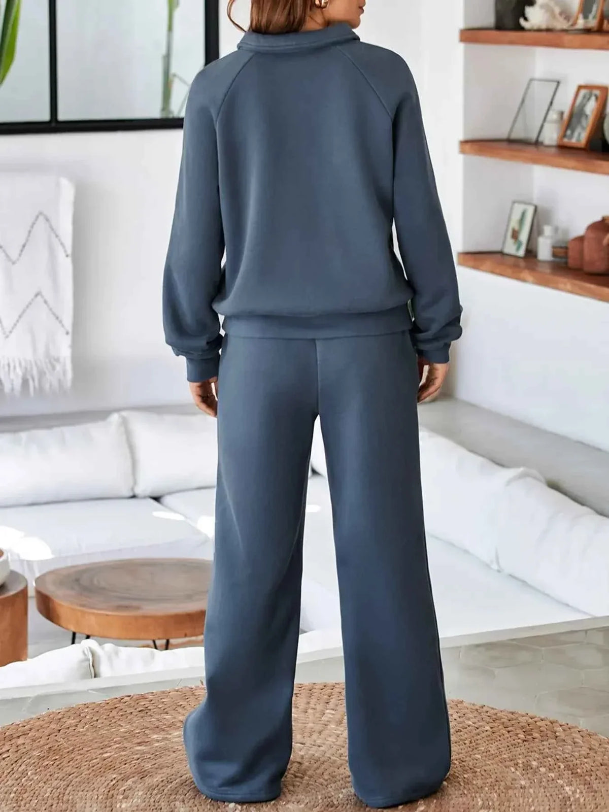 Collared Sweatshirt and High Waist Pants Active Set