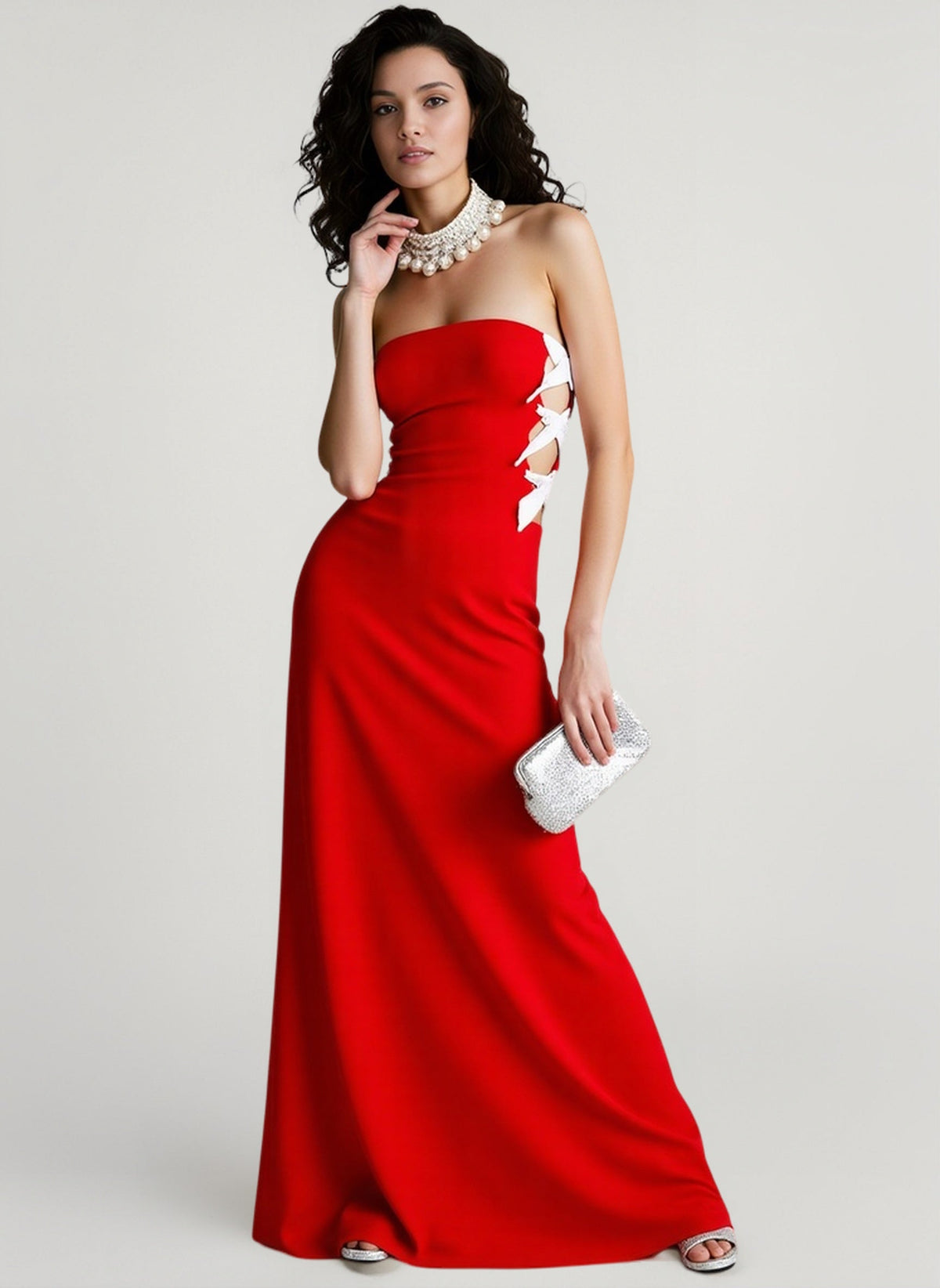 Strapless Bow Side Cut Out Column Maxi Gown 5