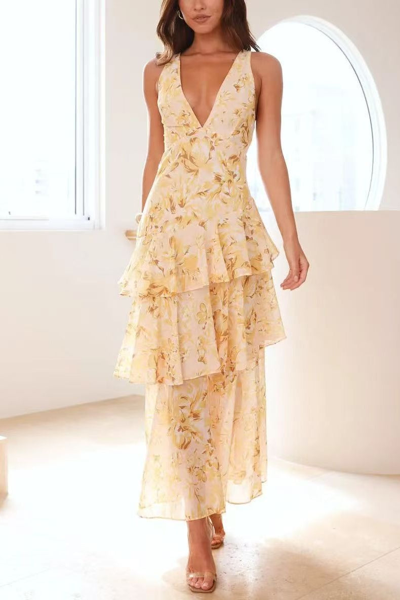 Floral Deep V-Neck Sleeveless Tiered Ruffle Chiffon Maxi Dress