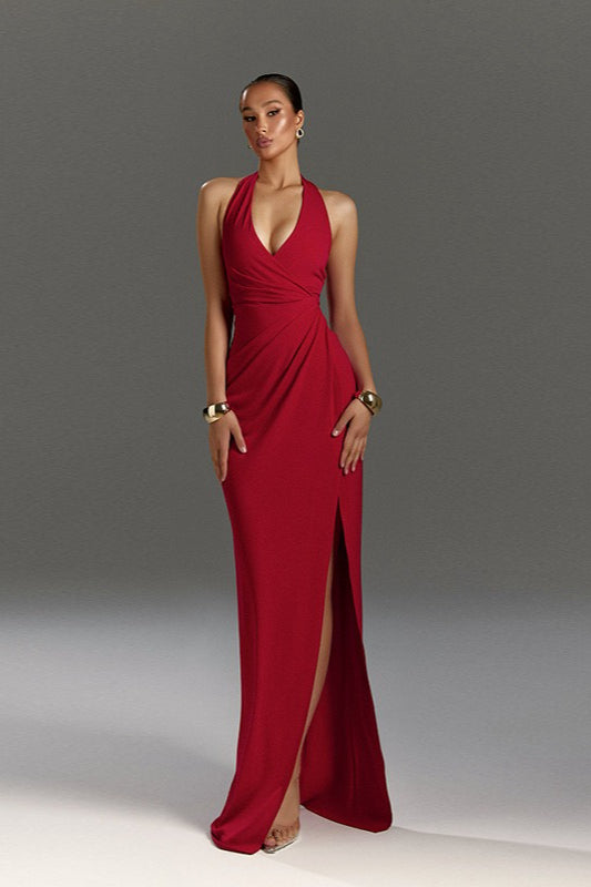 Halter Neck Deep V-Neck Ruched Wrap High Split Maxi Dress - View 2