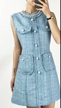 Pearl Collar Raw Fringe Trim Tweed Sleeveless Mini Dress - View 9