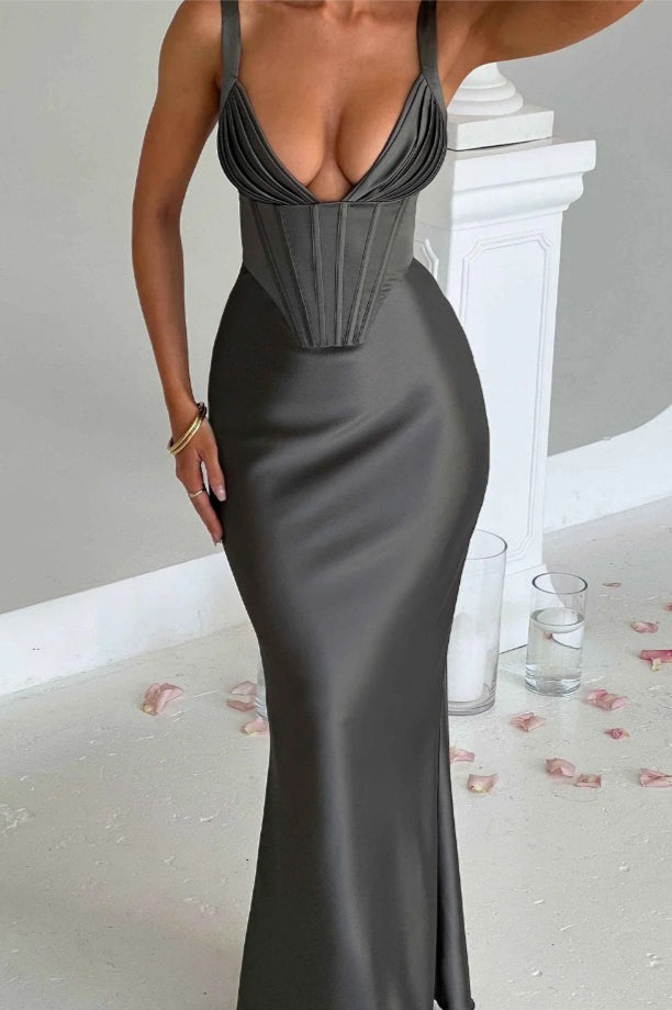 Satin Corset Deep V-Neck Pleated Bust Wide Strap Bodycon Maxi Gown - View 14