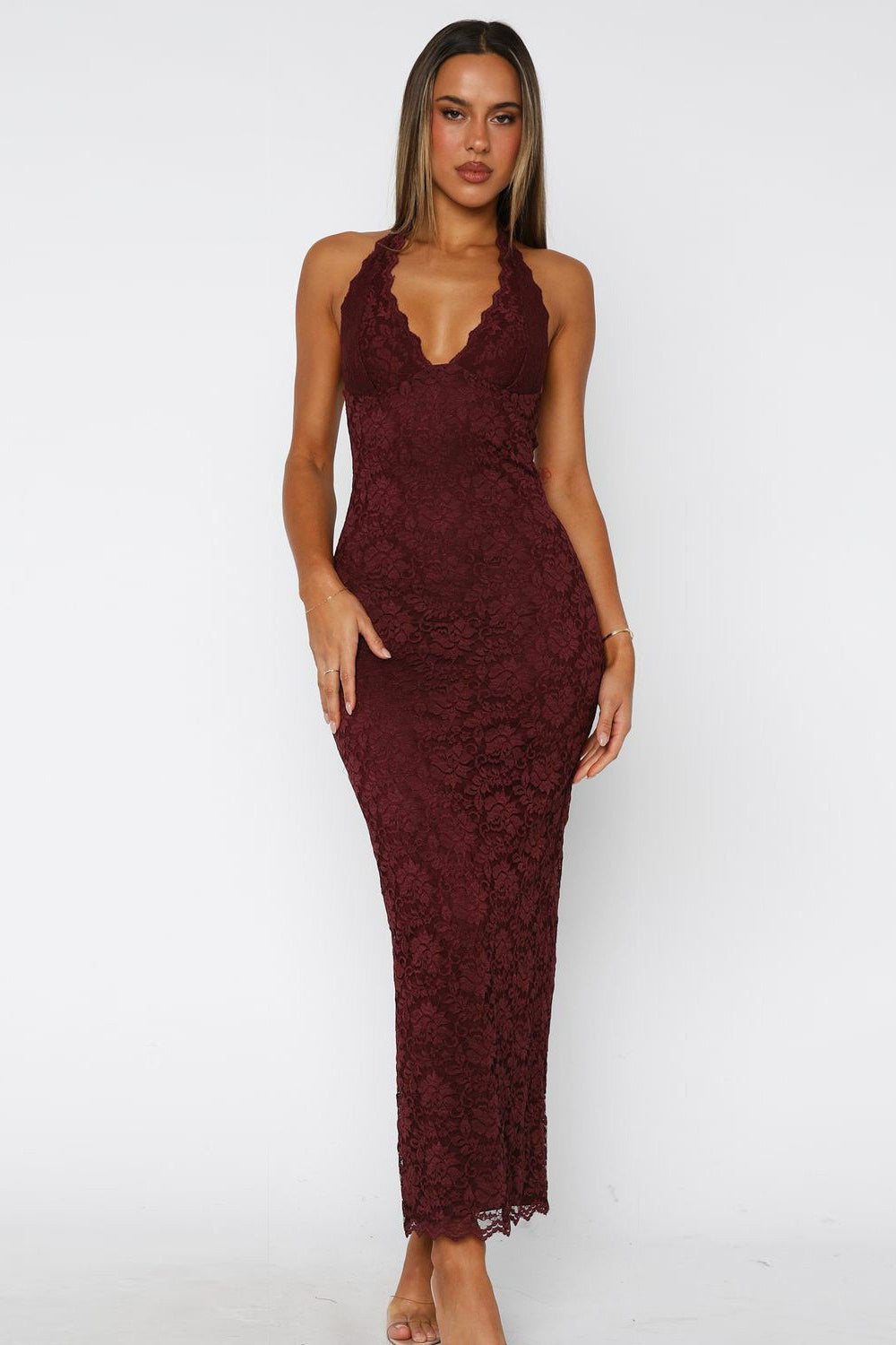 Lace Scallop V-Neck Bodycon Mermaid Maxi Dress - View 6
