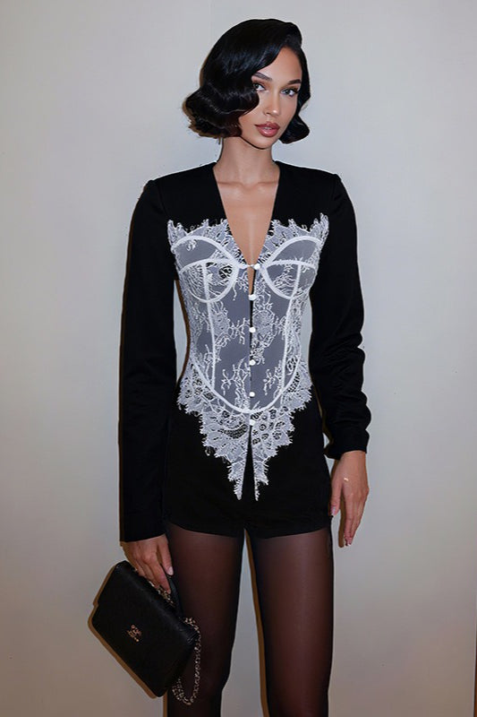 V-Neck Lace Panel Button Front Blazer