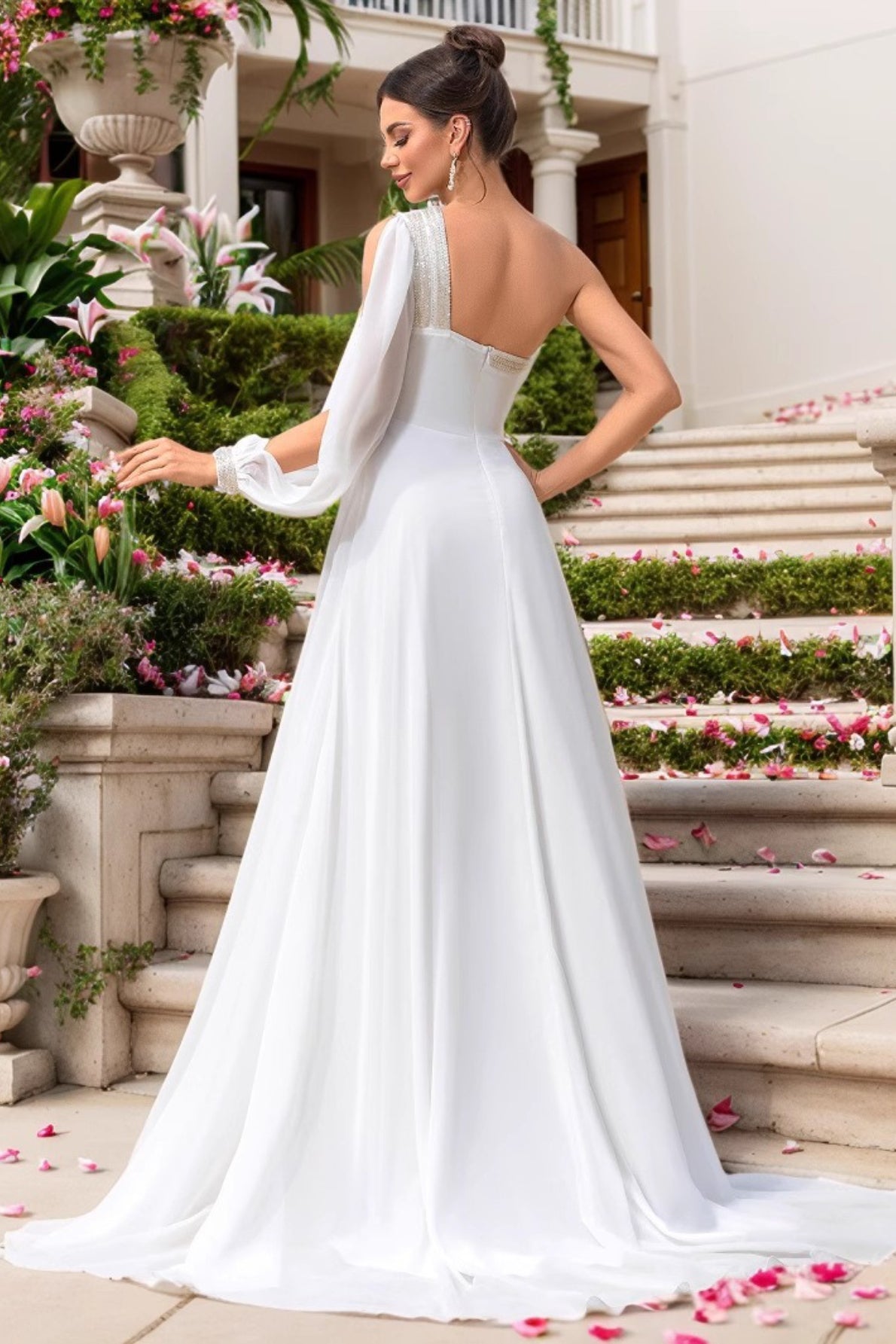 Chiffon One Shoulder Long Sleeve High Split A-Line Prom Dress - View 3