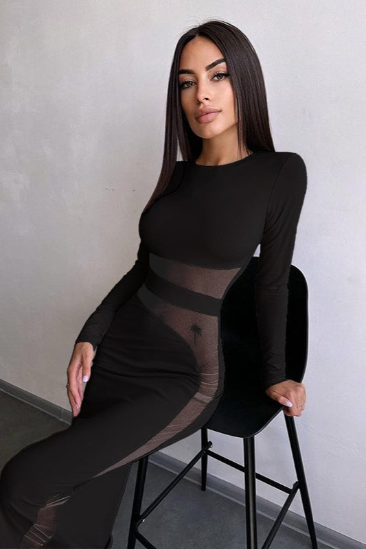 Mesh Panel Long Sleeve Maxi Dress - View 3