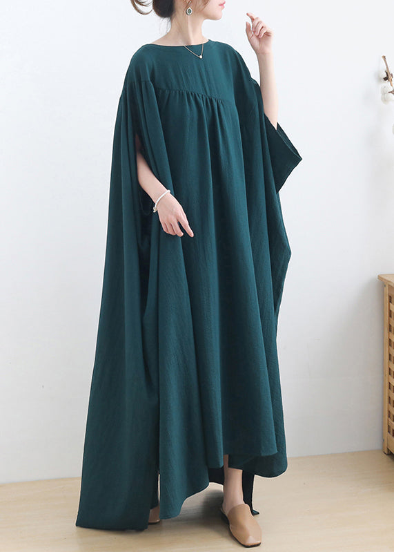 Crew Neck Batwing Sleeve Diagonal Seam Gathered Maxi Dress - View 4