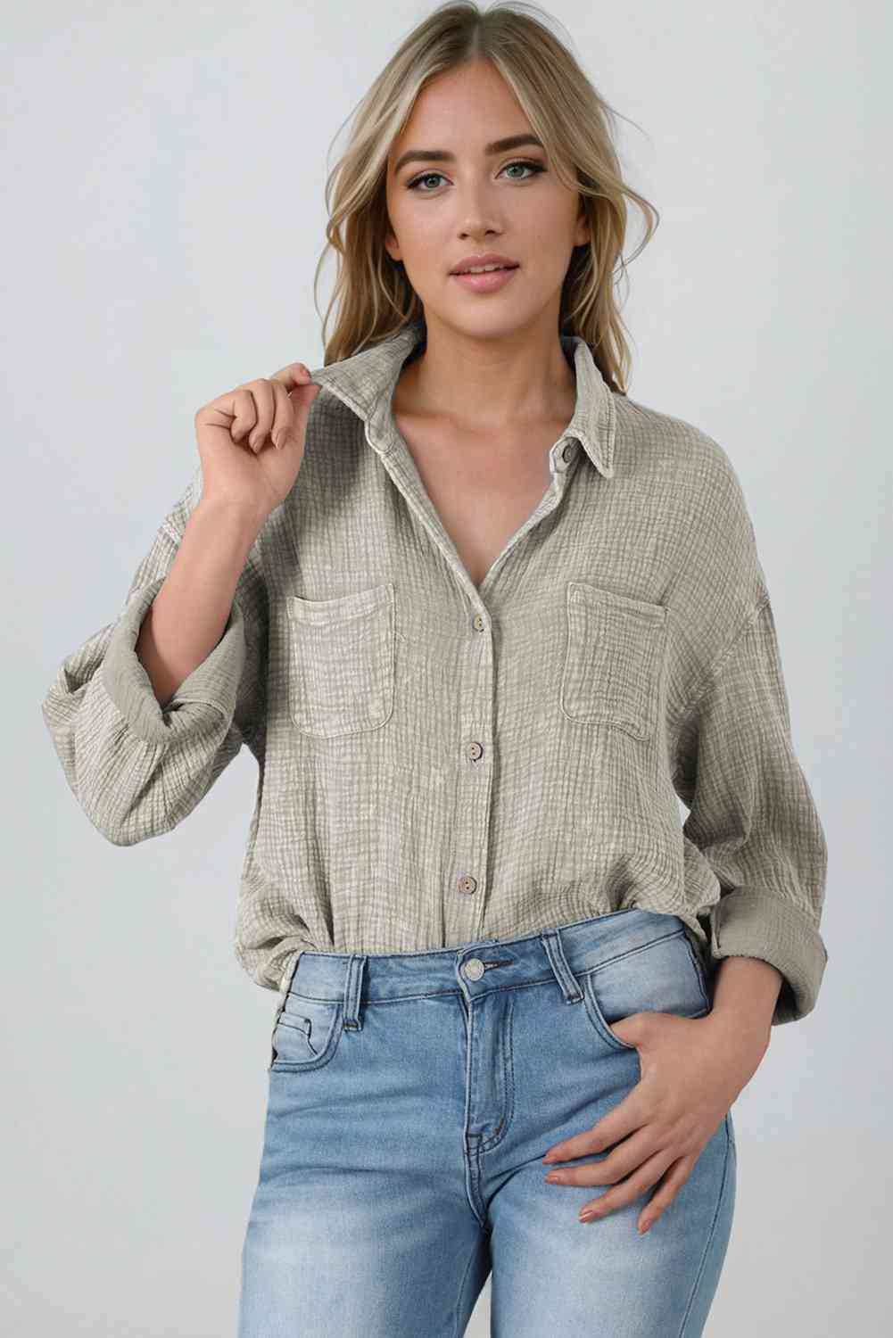 Textured Button Down Shirt Beige button down shirt clothes Ship From Overseas shirt SYNZ top