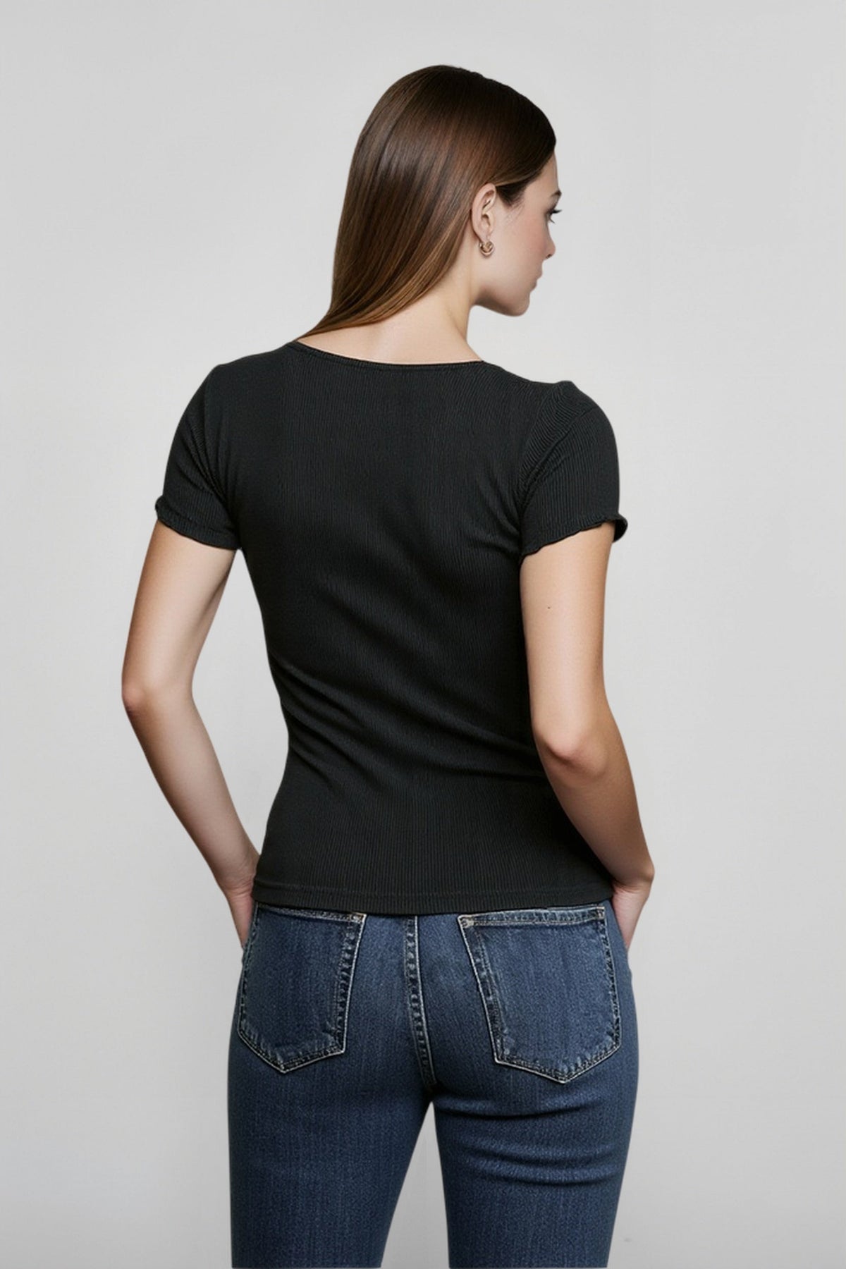 Square Neck Short Sleeve Lace Trim Button Front Crop Top 3