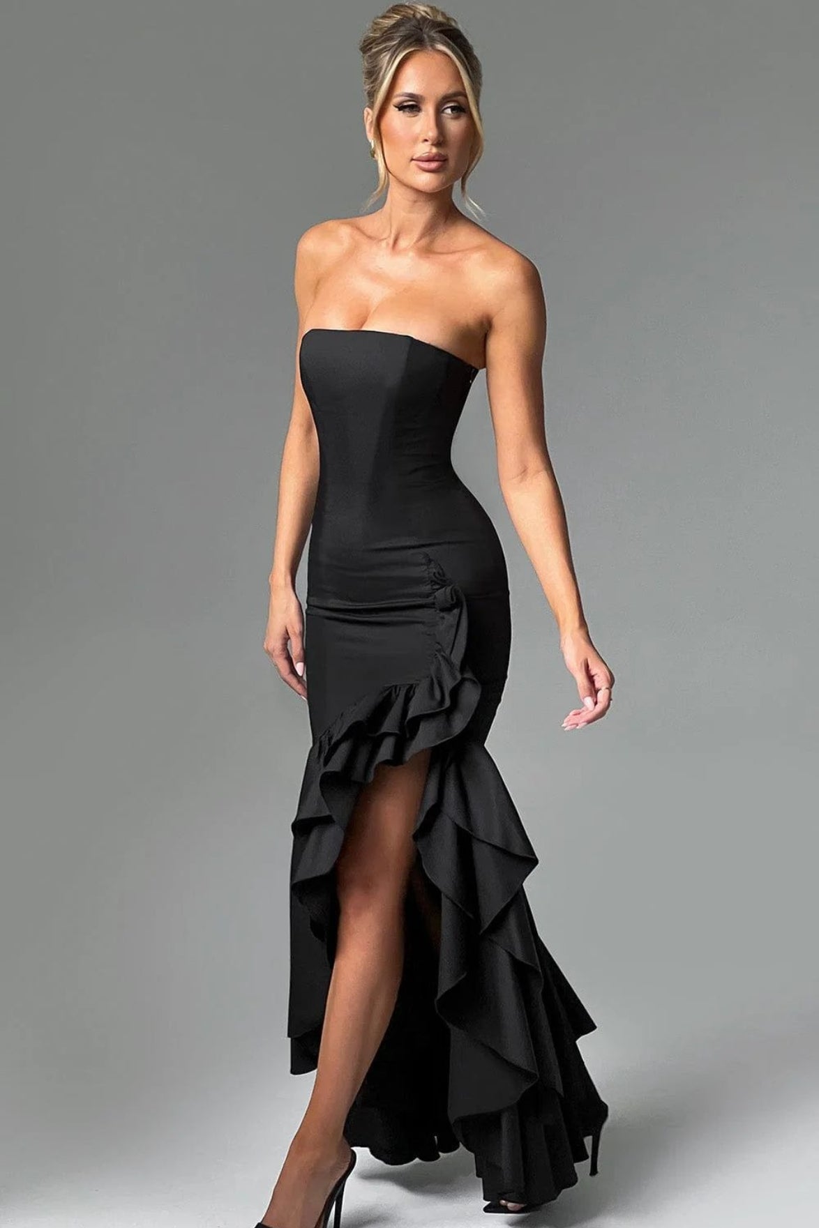 Strapless High Split Ruffle Slim Mermaid Maxi Prom Dress - View 13