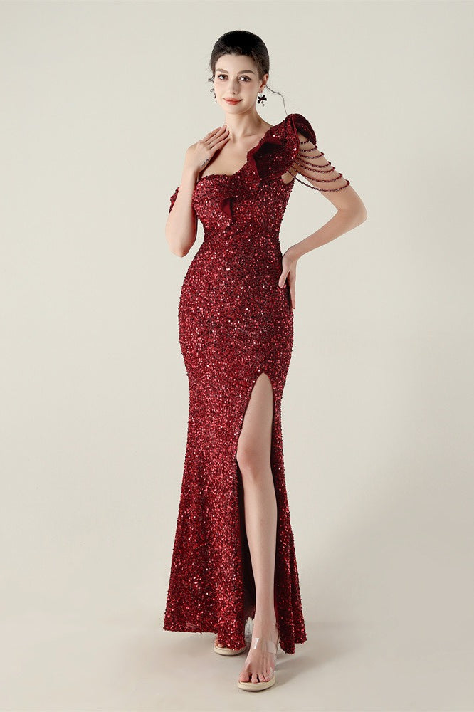 Sequin One Shoulder Ruffle High Split Mermaid Gown 32