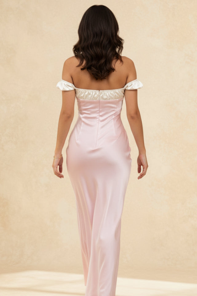 Pink Satin Ruched Charming Contrast Sleeve Dress - View 3