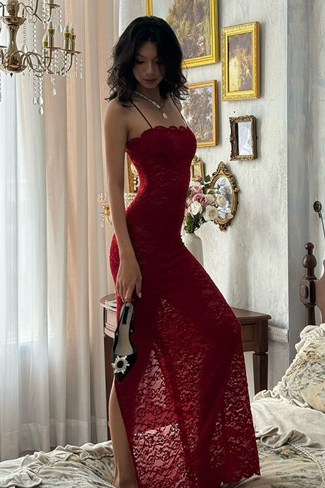 Lace Spaghetti Strap Straight Neck Bodycon Slip Maxi Dress - View 4