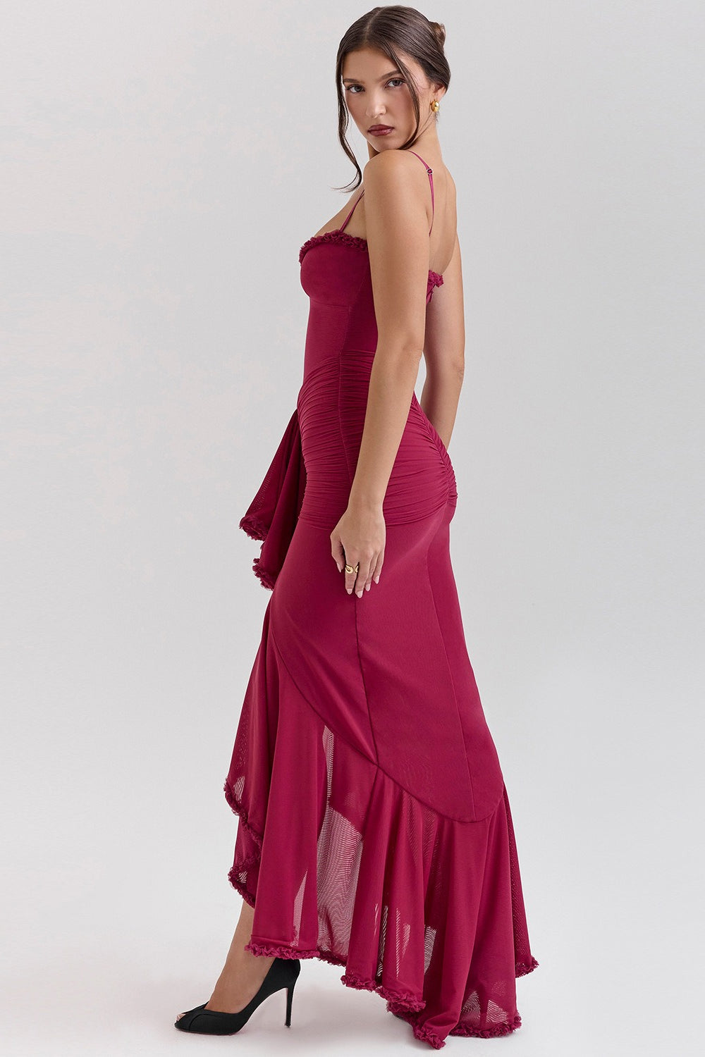 Spaghetti Strap Ruffle Trim High Low Asymmetrical Mini Party Dress - View 15