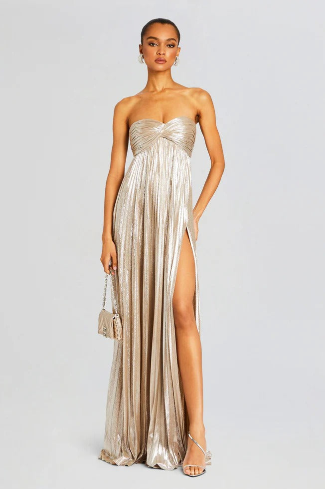 Pleated Strapless Sweetheart Twist Front High Split Maxi Gown - View 3