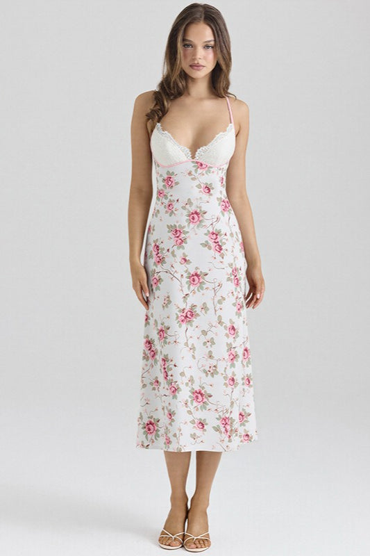 Floral Spaghetti Strap Lace Trim Sweetheart Slip Maxi Dress - View 6