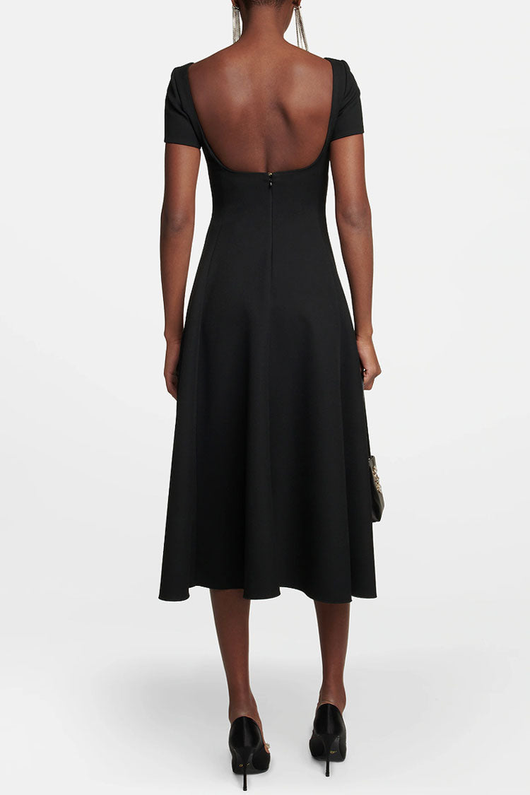 Boat Neck Short Sleeve Princess Seam A-Line Cocktail Midi Dress - View 2