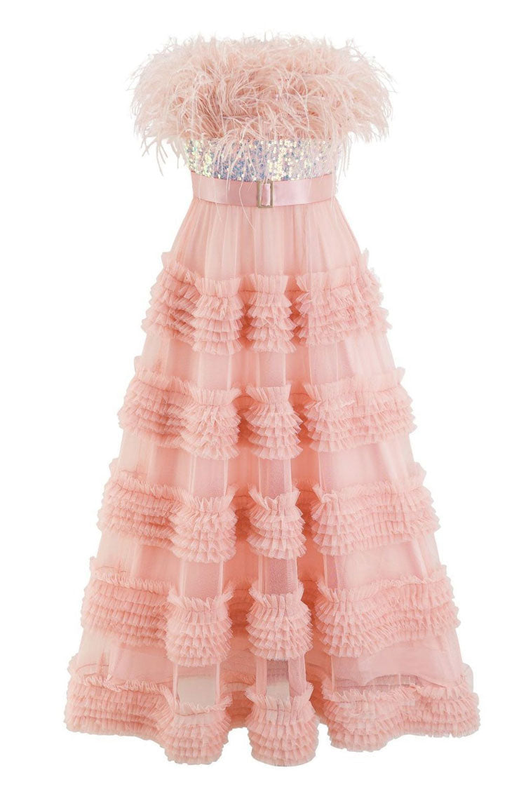 Sequin Feather Trim Strapless Tiered Ruffle Tulle Maxi Dress - View 3