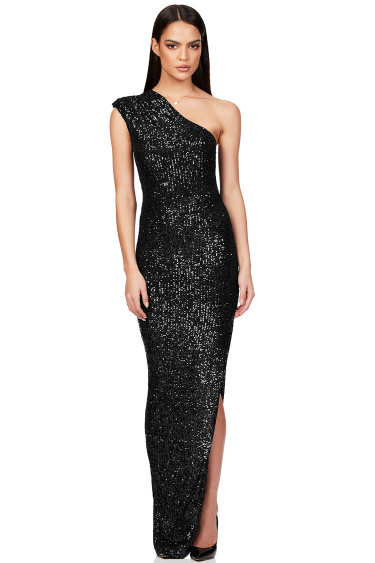 Sequin One Shoulder High Split Maxi Dress