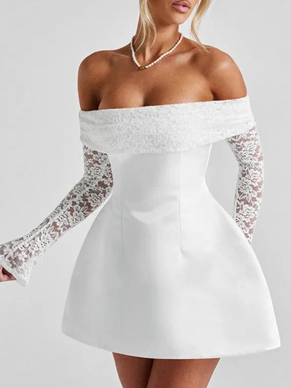 Elodie Off Shoulder Lace Mini Dress in White - View 4