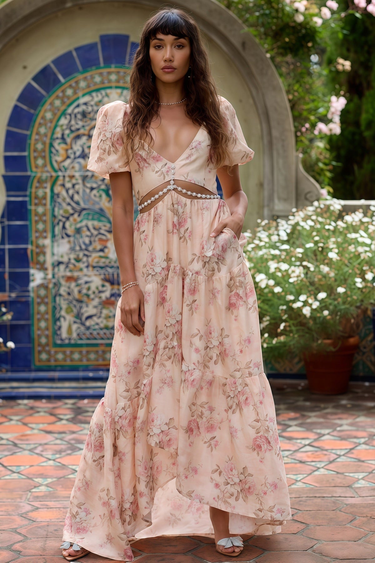 Floral Print V-Neck Puff Sleeve Cut Out Waist Tiered Maxi Dress 3